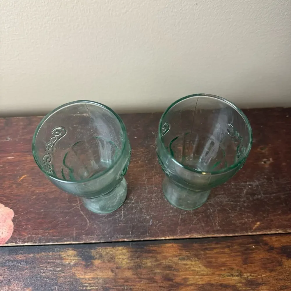Set of 2 Vintage Coca-Cola green tint fountain shake‎ 4.5 inch glasses Marked IG